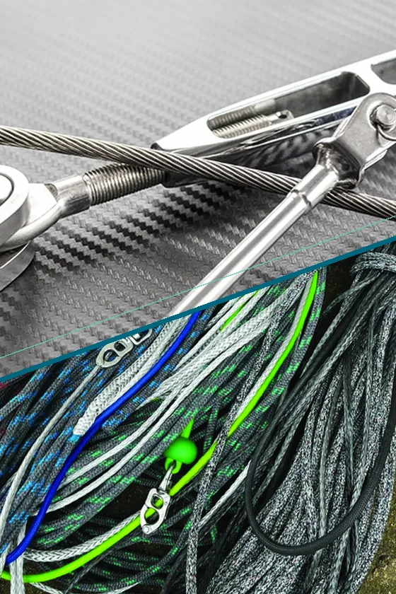 Terminales y cable de jarcia sobre fibra de carbono, y cabuyería de colores